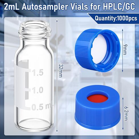 1000 قطعة من قوارير عينات تلقائية بحجم 2 مل من Qinyoung مع أغطية كبيرة، 9-425 جم/hplc قوارير فارغة معقمة وشفافة مع الكتابة على البقع والتخرج وزجاجة زجاجية للحقن باللون الأزرق ABS أغطية لولبية in Saudi Arabia