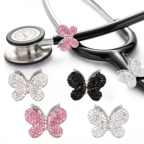 4 Pack Bling Butterfly Stethoscope Charms Diamond Stethoscope Name Tag Charm for Littmann,Nurses,Veterinary(White+Pink+Ab+Black) in Saudi Arabia