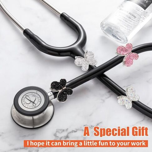4 Pack Bling Butterfly Stethoscope Charms Diamond Stethoscope Name Tag Charm for Littmann,Nurses,Veterinary(White+Pink+Ab+Black) in Saudi Arabia
