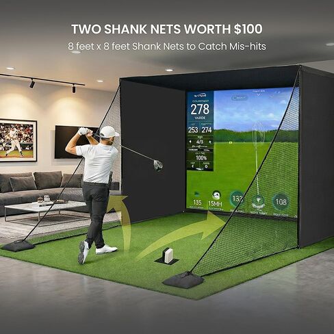 حاوية جهاز محاكاة الجولف للمنزل 10x8 قدم مع شاشة HD Impact Sim وشبكتين عرقوب وحشوة إسفنجية للزاوية للتمرين في المرآب الداخلي in Kuwait