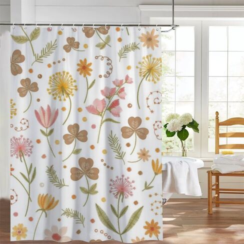 الأزهار البولكا نقطة نمط الحمام دش الستار مع السنانير، الصيف للماء دش الستار الهبي، قابل للغسل النسيج عطلة الستائر بوهو للحمام حمام ديكور 60x72 في in Kuwait