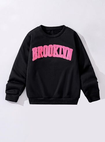 Girls Crewneck Sweatshirt Black Pullover Chenille Letter Patch Casual Long Sleeve Fleece Top in Saudi Arabia