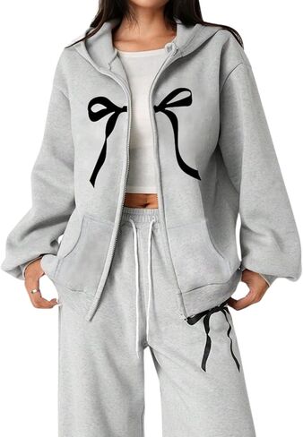 Verdusa Girl's Coquette Bow Zip Up Hoodie Sweatshirts Drop Shoulder Athletic Jacket with Pockets Grey 12 Years in Saudi Arabia
