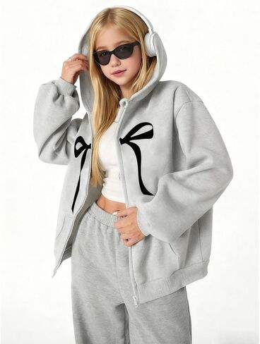Verdusa Girl's Coquette Bow Zip Up Hoodie Sweatshirts Drop Shoulder Athletic Jacket with Pockets Grey 12 Years in Saudi Arabia
