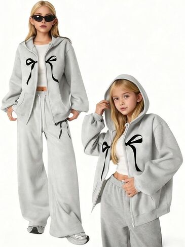 Verdusa Girl's Coquette Bow Zip Up Hoodie Sweatshirts Drop Shoulder Athletic Jacket with Pockets Grey 12 Years in Saudi Arabia