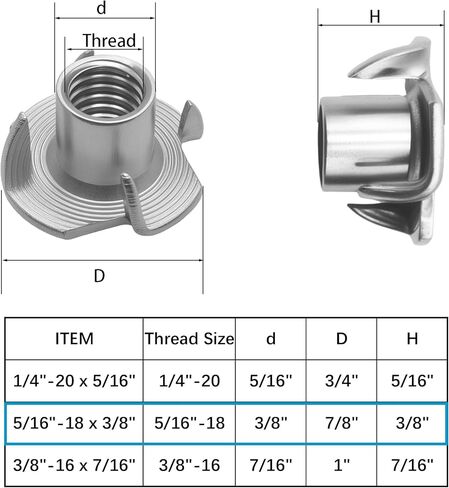 5/16 "-18 T-Nut، الفولاذ المقاوم للصدأ 4-Prong Tee Nut للخشب، الخزانات، حوامل تسلق الصخور، إدراج ملولب، أثاث 25 قطعة in Kuwait