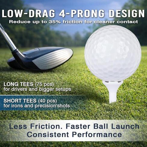 Golf Tees – 115 Pack, 3-1/4" & 1-1/2" Mixed Sizes, 4-Prong Low Resistance Design, Oversized Head, 3-Line Height Marking System, Strong Plastic Golf Tees in Kuwait