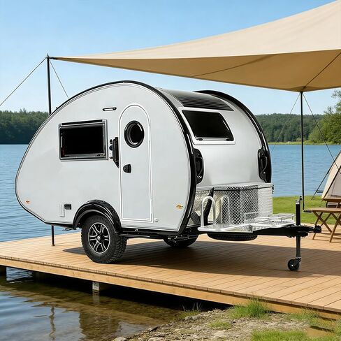 Rugged All-Terrain Teardrop Camper Trailer Luxury Travel Trailer, Designed for Rock Crawling Adventures and Overlanding Convoys, Featuring Integrated LED Light Bar and Spare Tire Mount in Saudi Arabia