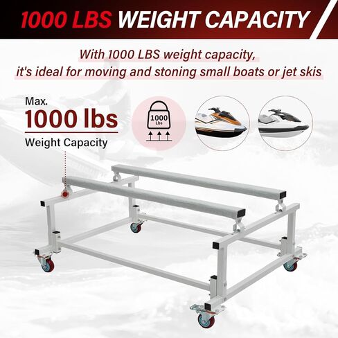 Heavy Duty Jet Ski Stand Dolly Cart - 1000LB Capacity Adjustable Boat Trailer with 4 Swivel Casters (2 Locking), Thick Padded Fabric, Galvanized Steel for PWC, Inflatable Boats, Storage & Transport in Kuwait