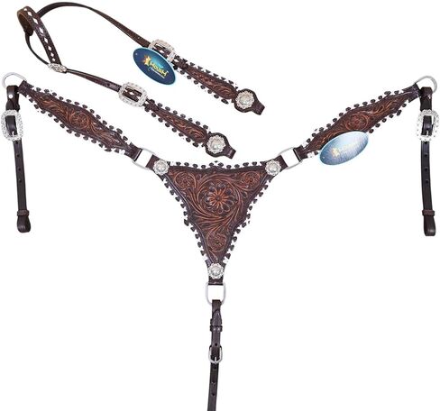 مجموعة تثبيت الرأس وياقة الصدر من الجلد الغربي، تجديل متقاطع من الجلد الخام، ونحت الزهور وأجزاء صلبة من النيكل العتيق، ومسمار حصان على طراز المصارع، جلد البقر الأرجنتيني in Kuwait