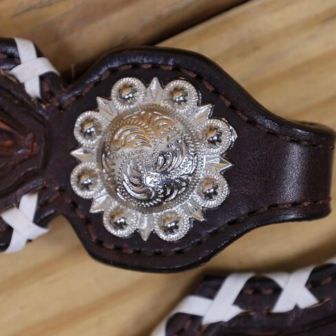 مجموعة تثبيت الرأس وياقة الصدر من الجلد الغربي، تجديل متقاطع من الجلد الخام، ونحت الزهور وأجزاء صلبة من النيكل العتيق، ومسمار حصان على طراز المصارع، جلد البقر الأرجنتيني in Kuwait