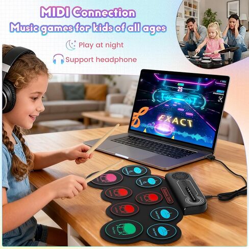 Electronic Drum Set, 9-Pad Kids Electric Drum Set Dual Stereo Speaker, MIDI. Portable Roll Up Drums Practice Pad for Kids, Perfect Birthday&Christmas Gift for Boys&Girls in Saudi Arabia