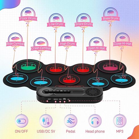 Electronic Drum Set, 9-Pad Kids Electric Drum Set Dual Stereo Speaker, MIDI. Portable Roll Up Drums Practice Pad for Kids, Perfect Birthday&Christmas Gift for Boys&Girls in Saudi Arabia