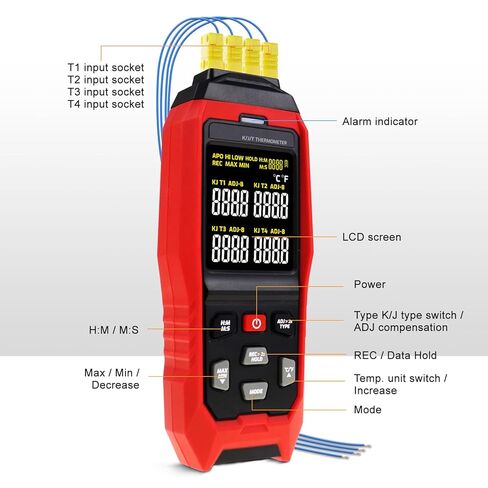 4 قنوات ميزان الحرارة الحراري مسجل بيانات K/J/T نوع، -328 ~ 2501 ℉ نطاق صناعي عالي/منخفض HVAC مقياس درجة الحرارة مسجل USB لقياس درجة حرارة الفرن السائل، تعويض ADJ، 8 مجسات من النوع K in Saudi Arabia