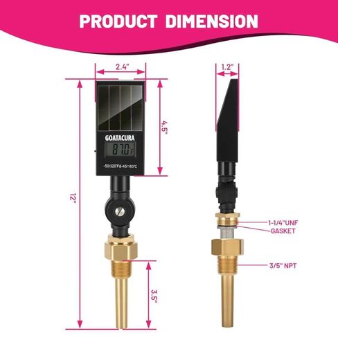 Solar Digital Thermometer, Industrial Thermometer, Brass Thermowell, 3/4" NPT Lower Mount, 3.5" Stem, -50-320 Deg F/-45-160 Deg C, 1% Accuracy in Kuwait