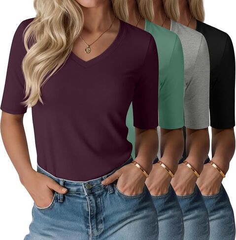 4 حزمة نصف الأكمام من القمصان ، القطن الخامس قميص الطول قميص رفيع النحافة 1/2 قمم قمم TEE in Kuwait