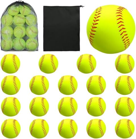 20 Pack Sports Practice Softball with Mesh Bag Unmarked Leather Covered Official Size and Weight Slowpitch Softball Youth Fastpitch Softball Ball Yellow Training Ball for Game and Training in Kuwait