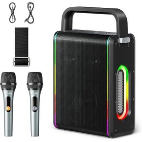 Moukey MPS5 Portable Karaoke Machine, 200W Peak Power Rechargeable Speaker with 2 Wireless Microphones& Strap, Support BT 5.3/REC/AUX/MP3/USB/TF, for Home/Party/Outdoor/Adults/Kids in Kuwait