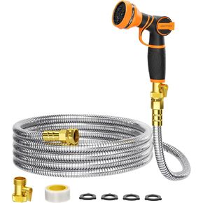 Giraffe Tools Garden Hose 25ft x 5/8", 304 Stainless Steel Metal Water Hose, No Kink Garden Water Hose with 9 Pattern Spray Nozzle, Flexible, Lightweight, Kink Free Hose for Yard, Outdoor in Kuwait