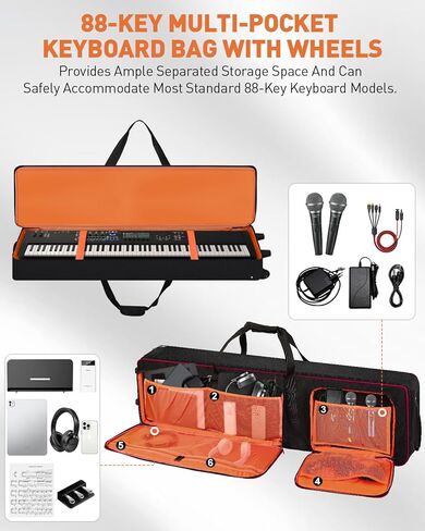 حافظة لوحة مفاتيح تحتوي على 88 مفتاحًا بعجلات (53 بوصة × 14.5 بوصة × 7 بوصة)، وحقيبة لوحة مفاتيح مبطنة قابلة للدوران مع أشرطة كتف ومقبض قابلة للتعديل، وحقيبة بيانو مقاومة للماء لحامل الموسيقى والإكسسوارات والدواسات والكابلات in Kuwait