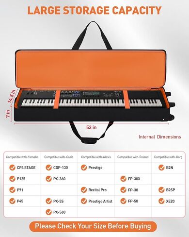 حافظة لوحة مفاتيح تحتوي على 88 مفتاحًا بعجلات (53 بوصة × 14.5 بوصة × 7 بوصة)، وحقيبة لوحة مفاتيح مبطنة قابلة للدوران مع أشرطة كتف ومقبض قابلة للتعديل، وحقيبة بيانو مقاومة للماء لحامل الموسيقى والإكسسوارات والدواسات والكابلات in Kuwait