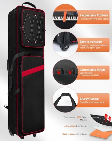 حافظة لوحة مفاتيح تحتوي على 88 مفتاحًا بعجلات (53 بوصة × 14.5 بوصة × 7 بوصة)، وحقيبة لوحة مفاتيح مبطنة قابلة للدوران مع أشرطة كتف ومقبض قابلة للتعديل، وحقيبة بيانو مقاومة للماء لحامل الموسيقى والإكسسوارات والدواسات والكابلات in Kuwait