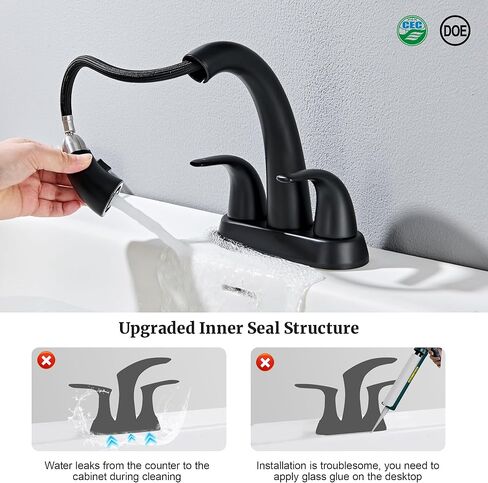 Ultimate Unicorn Matte Black Bathroom Sink Faucet - 4 Inch Centerset Pull Down Vanity Faucets 3 Hole with Pop Up Drain - Two Handle Modern Washbasin Tap Set with Pull Out Sprayer for Rv Restroom in Saudi Arabia
