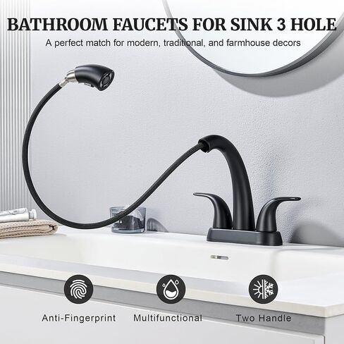 Ultimate Unicorn Matte Black Bathroom Sink Faucet - 4 Inch Centerset Pull Down Vanity Faucets 3 Hole with Pop Up Drain - Two Handle Modern Washbasin Tap Set with Pull Out Sprayer for Rv Restroom in Saudi Arabia