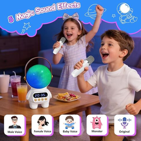 آلة كاريوكي رائد الفضاء، مكبرات صوت بلوتوث وإضاءة متغيرة اللون مع 2 ميكروفونات لاسلكية، هدية مثالية لحفلات عيد الميلاد للرجال والنساء والبالغين والأصدقاء الذين يجمعون الترفيه العائلي (أبيض) in Kuwait