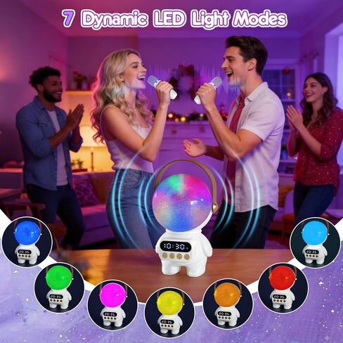 آلة كاريوكي رائد الفضاء، مكبرات صوت بلوتوث وإضاءة متغيرة اللون مع 2 ميكروفونات لاسلكية، هدية مثالية لحفلات عيد الميلاد للرجال والنساء والبالغين والأصدقاء الذين يجمعون الترفيه العائلي (أبيض) in Kuwait