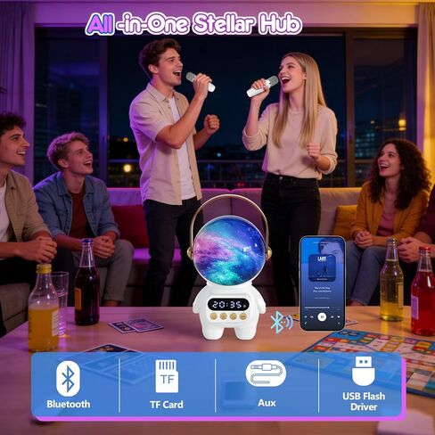 آلة كاريوكي رائد الفضاء، مكبرات صوت بلوتوث وإضاءة متغيرة اللون مع 2 ميكروفونات لاسلكية، هدية مثالية لحفلات عيد الميلاد للرجال والنساء والبالغين والأصدقاء الذين يجمعون الترفيه العائلي (أبيض) in Kuwait