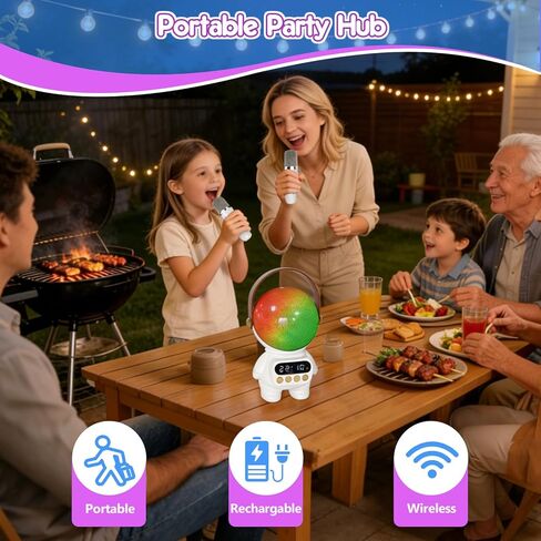 آلة كاريوكي رائد الفضاء، مكبرات صوت بلوتوث وإضاءة متغيرة اللون مع 2 ميكروفونات لاسلكية، هدية مثالية لحفلات عيد الميلاد للرجال والنساء والبالغين والأصدقاء الذين يجمعون الترفيه العائلي (أبيض) in Kuwait