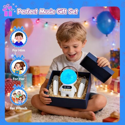 آلة كاريوكي رائد الفضاء، مكبرات صوت بلوتوث وإضاءة متغيرة اللون مع 2 ميكروفونات لاسلكية، هدية مثالية لحفلات عيد الميلاد للرجال والنساء والبالغين والأصدقاء الذين يجمعون الترفيه العائلي (أبيض) in Kuwait