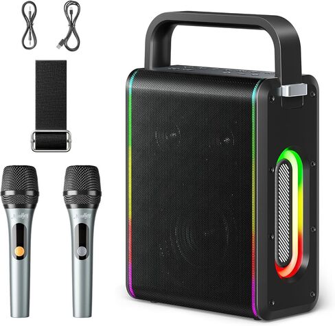 Moukey MPS5 Portable Karaoke Machine, 200W Peak Power Rechargeable Speaker with 2 Wireless Microphones& Strap, Support BT 5.3/REC/AUX/MP3/USB/TF, for Home/Party/Outdoor/Adults/Kids in Kuwait