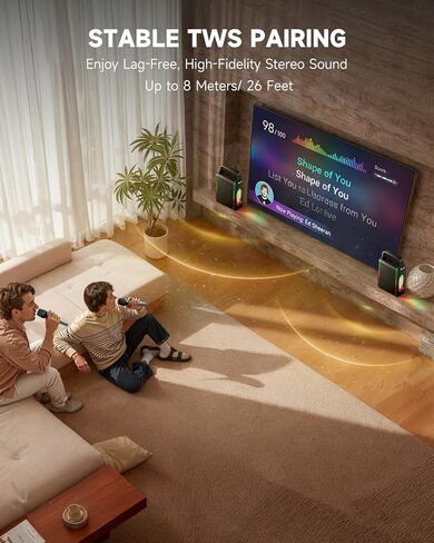 Moukey MPS5 Portable Karaoke Machine, 200W Peak Power Rechargeable Speaker with 2 Wireless Microphones& Strap, Support BT 5.3/REC/AUX/MP3/USB/TF, for Home/Party/Outdoor/Adults/Kids in Kuwait