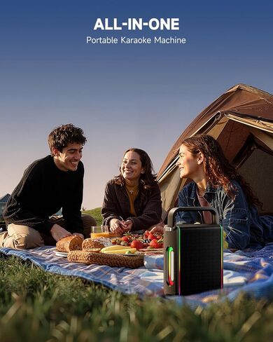 Moukey MPS5 Portable Karaoke Machine, 200W Peak Power Rechargeable Speaker with 2 Wireless Microphones& Strap, Support BT 5.3/REC/AUX/MP3/USB/TF, for Home/Party/Outdoor/Adults/Kids in Kuwait