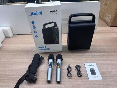 Moukey MPS5 Portable Karaoke Machine, 200W Peak Power Rechargeable Speaker with 2 Wireless Microphones& Strap, Support BT 5.3/REC/AUX/MP3/USB/TF, for Home/Party/Outdoor/Adults/Kids in Kuwait