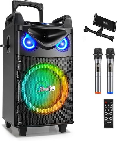 Moukey Karaoke Machine, 12" Woofer PA System, Portable Bluetooth Speaker with 2 Wireless Microphones, Party Lights and Echo/Treble/Bass Adjustment, Supports TWS/REC/AUX IN/MP3/USB/TF/FM - MTs12-1 in Kuwait