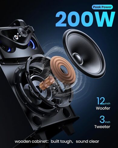 Moukey Karaoke Machine, 12" Woofer PA System, Portable Bluetooth Speaker with 2 Wireless Microphones, Party Lights and Echo/Treble/Bass Adjustment, Supports TWS/REC/AUX IN/MP3/USB/TF/FM - MTs12-1 in Kuwait