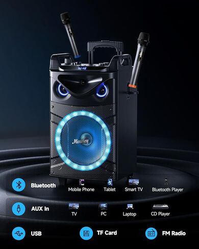 Moukey Karaoke Machine, 12" Woofer PA System, Portable Bluetooth Speaker with 2 Wireless Microphones, Party Lights and Echo/Treble/Bass Adjustment, Supports TWS/REC/AUX IN/MP3/USB/TF/FM - MTs12-1 in Kuwait