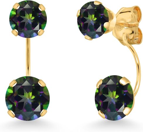 Gem Stone King 14K Yellow Gold Mercury Mist Mystic Topaz Dual Drop 2 Stone Round Earrings for Women (3.10 Cttw, Gemstone Birthstone, Round 6MM and 5MM) in Saudi Arabia
