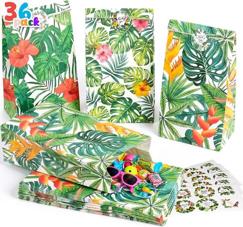 VGOODALL 36PCS Luau Hawaii Party Favor Bags, 4.7"x3.1"x8.7" Aloha Paper Gift Bags with Stickers for Candy, Treats, Summer Tropical Hawaiian Parties in Kuwait