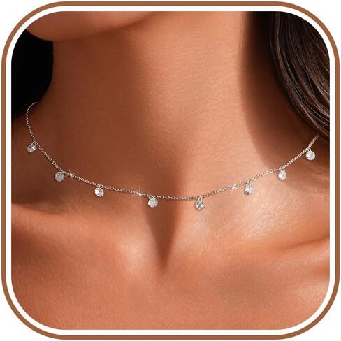 925 Sterling Silver Cubic Zirconia Station Necklaces for Women Dainty 14k Gold Plated Simulated Diamond Pendant Necklace Round Crystal Chain to Daughter Wedding Prom Brides Jewelry Gifts in Kuwait