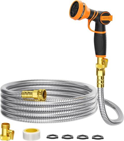 Giraffe Tools Garden Hose 25ft x 5/8", 304 Stainless Steel Metal Water Hose, No Kink Garden Water Hose with 9 Pattern Spray Nozzle, Flexible, Lightweight, Kink Free Hose for Yard, Outdoor in Kuwait
