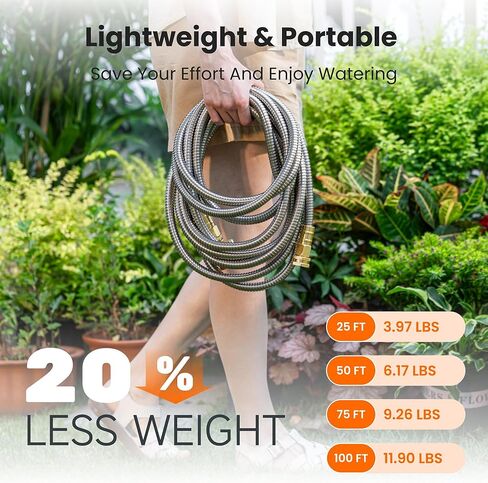 Giraffe Tools Garden Hose 25ft x 5/8", 304 Stainless Steel Metal Water Hose, No Kink Garden Water Hose with 9 Pattern Spray Nozzle, Flexible, Lightweight, Kink Free Hose for Yard, Outdoor in Kuwait
