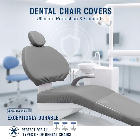 طقم أغطية كراسي الأسنان مكون من 4 قطع - جلد بولي يوريثان بالكامل، حافظة واقية مقاومة للماء ومرنة لمعدات طبيب الأسنان (متوسط ​​الحجم، رمادي) in Kuwait