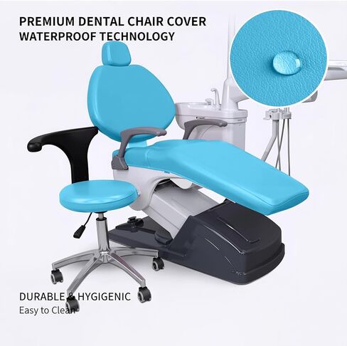 طقم أغطية كراسي الأسنان مكون من 4 قطع - جلد بولي يوريثان بالكامل، حافظة واقية مقاومة للماء ومرنة لمعدات طبيب الأسنان (متوسط ​​الحجم، أزرق فاتح) in Kuwait