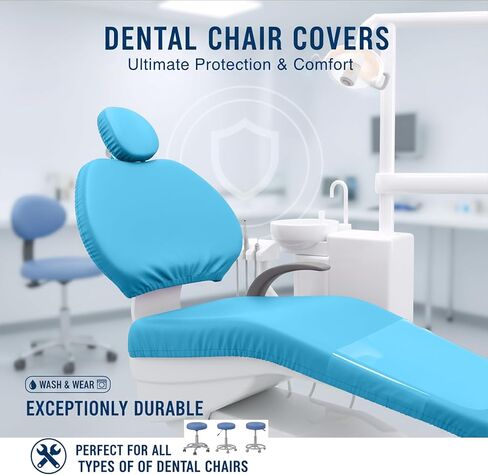 طقم أغطية كراسي الأسنان مكون من 4 قطع - جلد بولي يوريثان بالكامل، حافظة واقية مقاومة للماء ومرنة لمعدات طبيب الأسنان (متوسط ​​الحجم، أزرق فاتح) in Kuwait