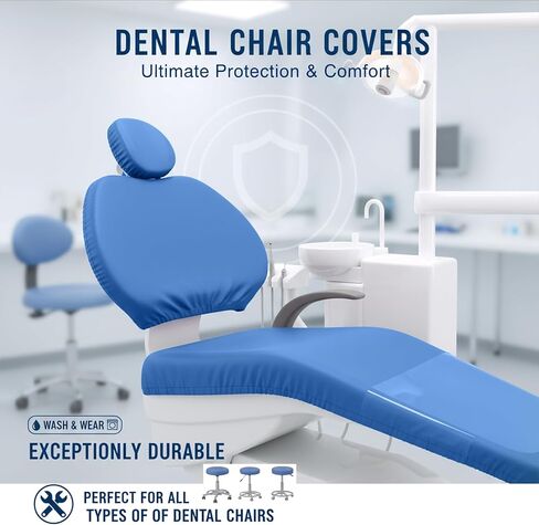 طقم أغطية كراسي الأسنان مكون من 4 قطع - جلد بولي يوريثان بالكامل، حافظة واقية مقاومة للماء ومرنة لمعدات طبيب الأسنان (متوسط ​​الحجم، أزرق ليك) in Kuwait