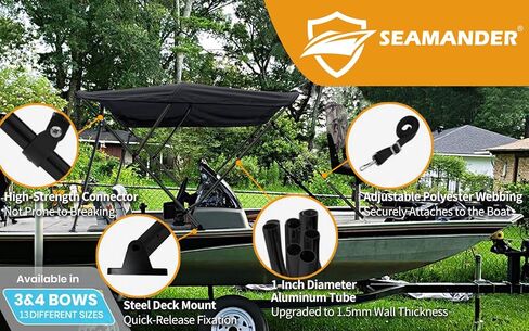 Seamander 1200D Bimini Top، غطاء سحاب سهل التركيب، إطار أسود، مفصل سطح معدني، 4 أشرطة قابلة للتعديل وعمود دعم، جدار جانبي، مظلة قارب مقاومة للماء من الشمس، 3 أقواس سوداء 6'L 91"-96" W in Kuwait